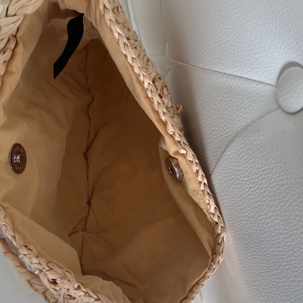 Beige Woven Shoulder Bag with Shell Accents
